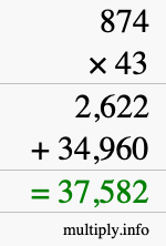 How to calculate 874 times 43 using long multiplication