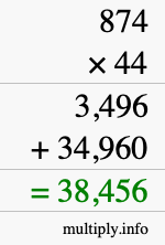 How to calculate 874 times 44 using long multiplication