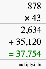 How to calculate 878 times 43 using long multiplication