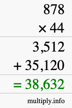 How to calculate 878 times 44 using long multiplication