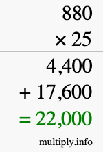 How to calculate 880 times 25 using long multiplication