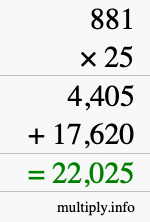 How to calculate 881 times 25 using long multiplication