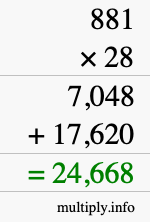 How to calculate 881 times 28 using long multiplication