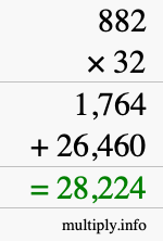 How to calculate 882 times 32 using long multiplication