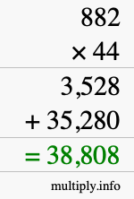 How to calculate 882 times 44 using long multiplication