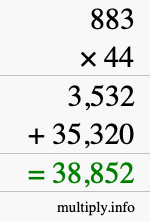 How to calculate 883 times 44 using long multiplication