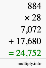 How to calculate 884 times 28 using long multiplication