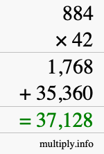 How to calculate 884 times 42 using long multiplication