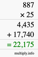 How to calculate 887 times 25 using long multiplication