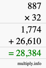 How to calculate 887 times 32 using long multiplication