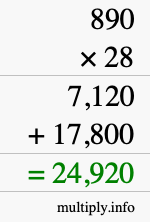 How to calculate 890 times 28 using long multiplication