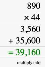 How to calculate 890 times 44 using long multiplication