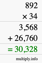 How to calculate 892 times 34 using long multiplication