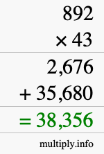 How to calculate 892 times 43 using long multiplication