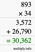 How to calculate 893 times 34 using long multiplication