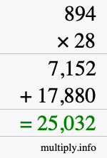 How to calculate 894 times 28 using long multiplication
