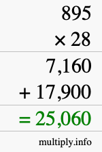 How to calculate 895 times 28 using long multiplication