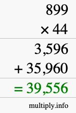 How to calculate 899 times 44 using long multiplication