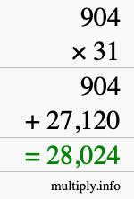 How to calculate 904 times 31 using long multiplication