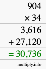 How to calculate 904 times 34 using long multiplication