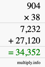 How to calculate 904 times 38 using long multiplication