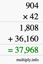 How to calculate 904 times 42 using long multiplication