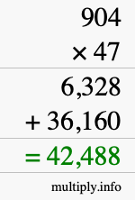 How to calculate 904 times 47 using long multiplication