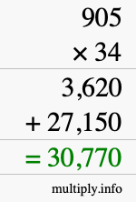 How to calculate 905 times 34 using long multiplication
