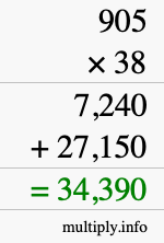 How to calculate 905 times 38 using long multiplication
