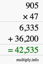 How to calculate 905 times 47 using long multiplication