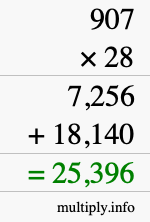 How to calculate 907 times 28 using long multiplication