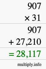 How to calculate 907 times 31 using long multiplication