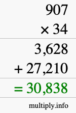 How to calculate 907 times 34 using long multiplication