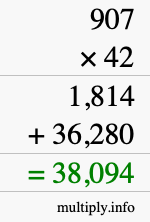 How to calculate 907 times 42 using long multiplication