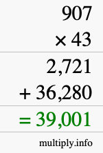 How to calculate 907 times 43 using long multiplication