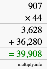 How to calculate 907 times 44 using long multiplication