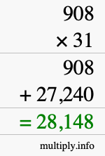 How to calculate 908 times 31 using long multiplication
