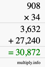 How to calculate 908 times 34 using long multiplication