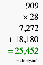 How to calculate 909 times 28 using long multiplication