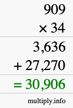 How to calculate 909 times 34 using long multiplication