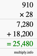 How to calculate 910 times 28 using long multiplication