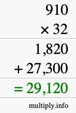 How to calculate 910 times 32 using long multiplication