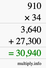 How to calculate 910 times 34 using long multiplication