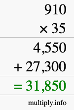 How to calculate 910 times 35 using long multiplication