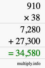 How to calculate 910 times 38 using long multiplication