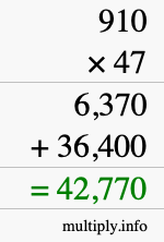 How to calculate 910 times 47 using long multiplication