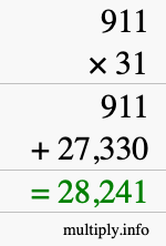 How to calculate 911 times 31 using long multiplication