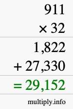 How to calculate 911 times 32 using long multiplication