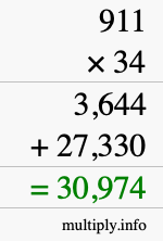 How to calculate 911 times 34 using long multiplication