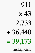How to calculate 911 times 43 using long multiplication
